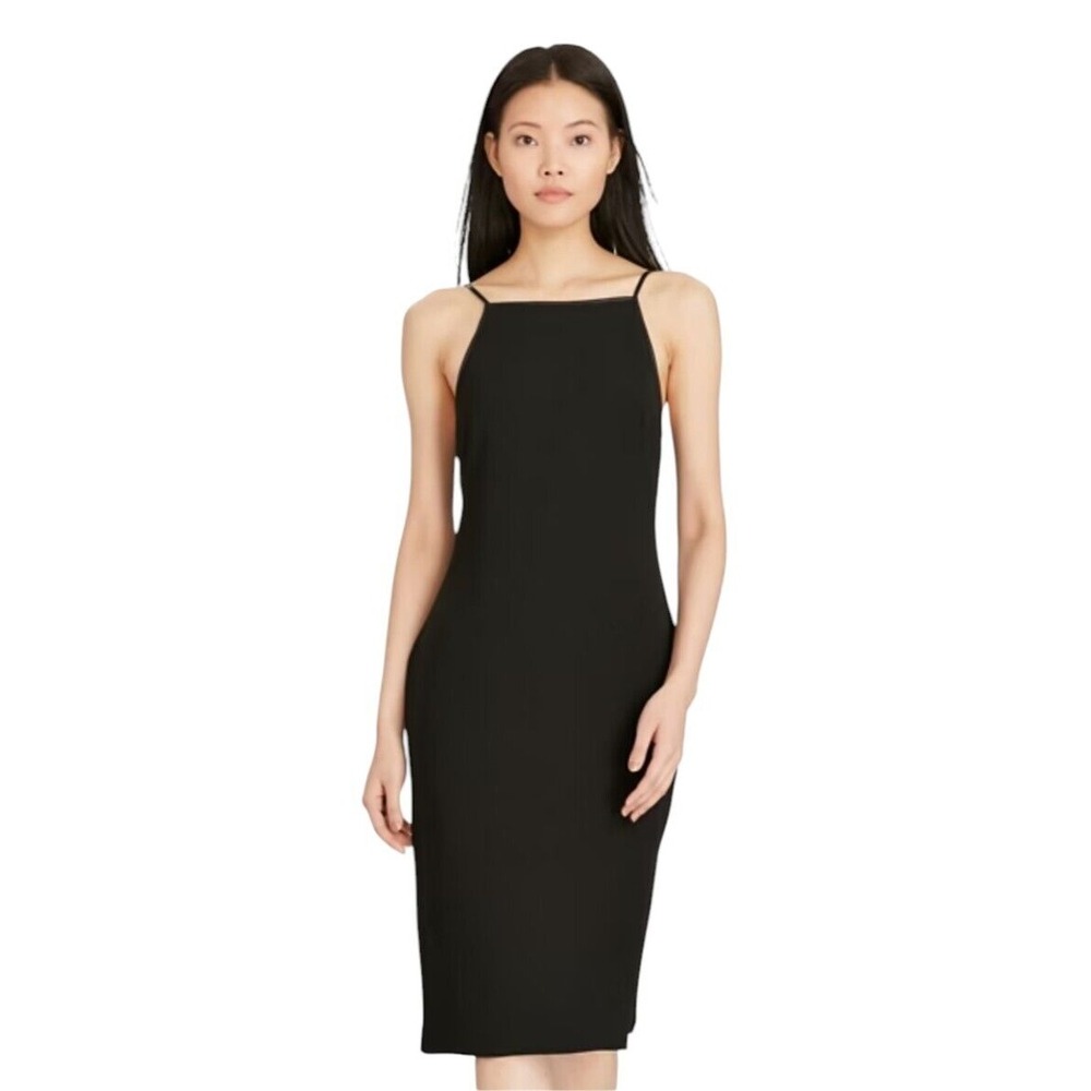 Polo Ralph Lauren 4 Black Leather Trim Crepe Poly Sheath Dress Career Cocktail